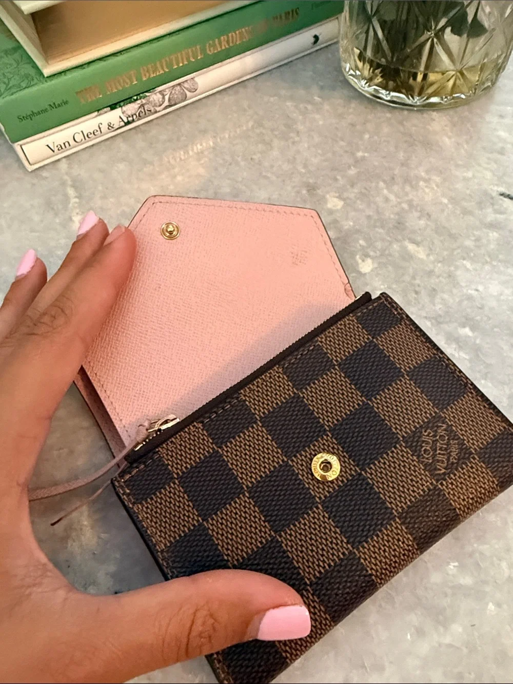 Louis Vuitton Damier Ebene Compact Wallet with Pink Snap